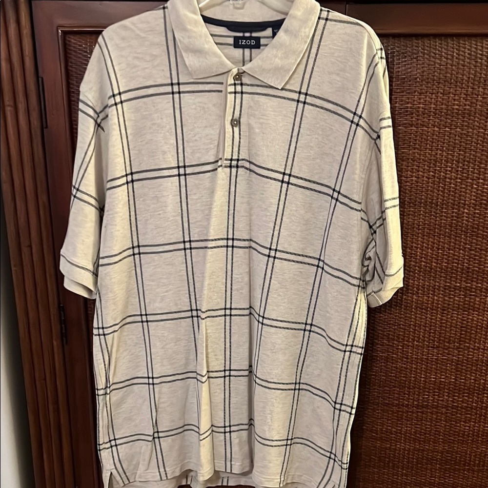 Izod Cream and Navy Polo Shirt Classic Plaid Design